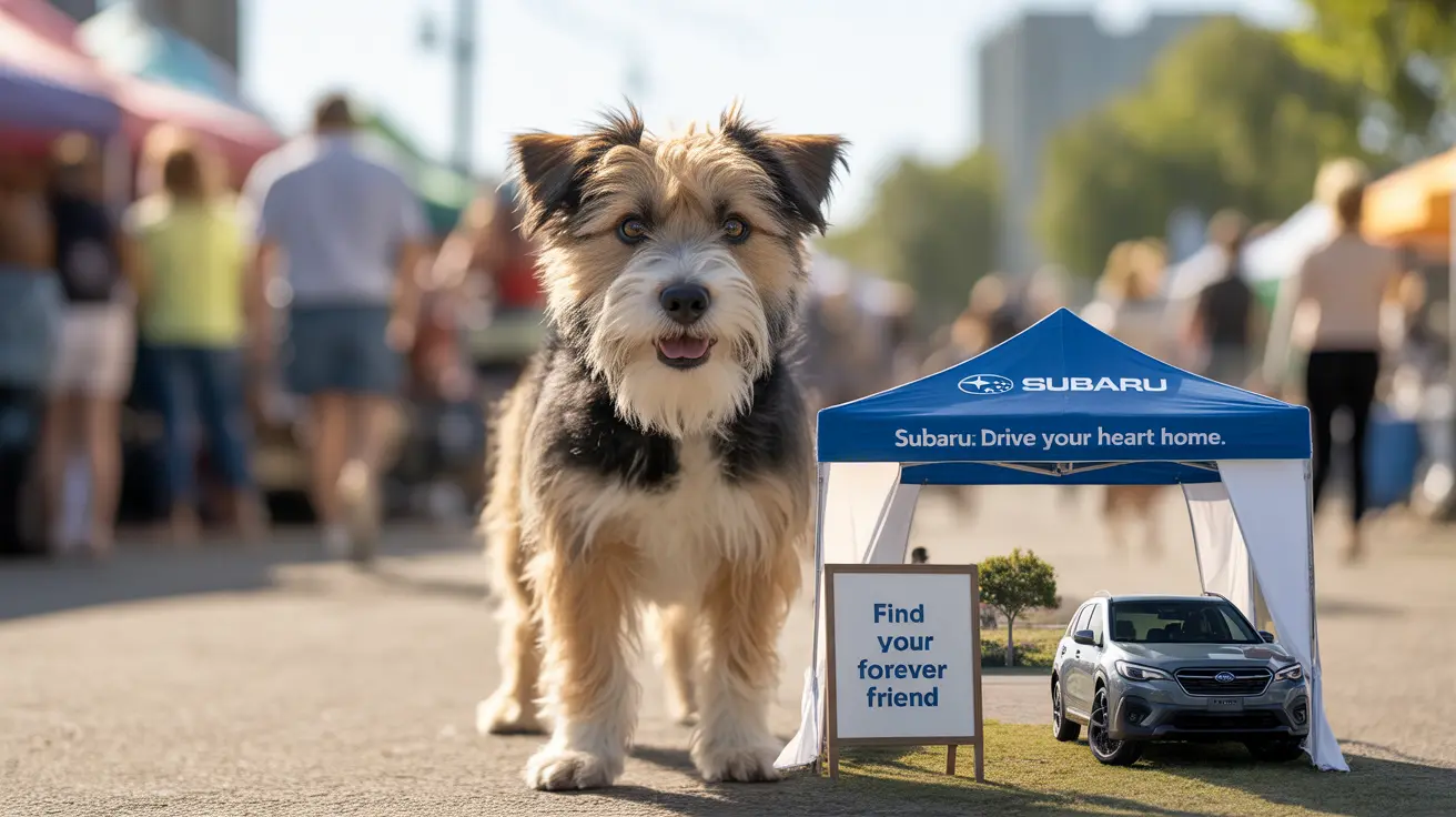 Smiling family adopting a shelter dog at a Subaru Loves Pets adoption event