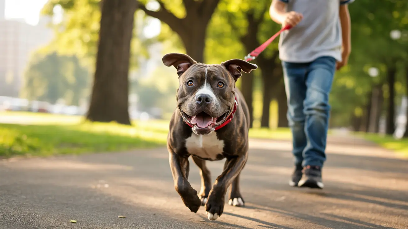 A happy, muscular pit bull dog walking on a tree-lined path with a person walking behind on a red leash.
