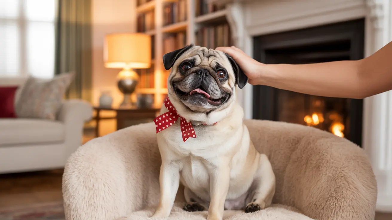 A happy pug wearing a red polka dot bow tie sitting on a beige chair with a fireplace and bookshelf in the background