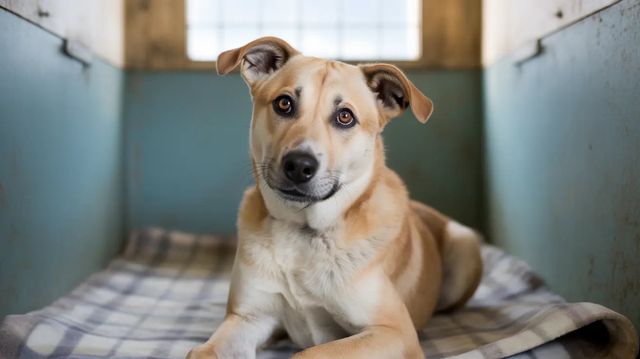 Un perro mestizo con manchas marrones y blancas sentado sobre una manta a rayas en un refugio o perrera.