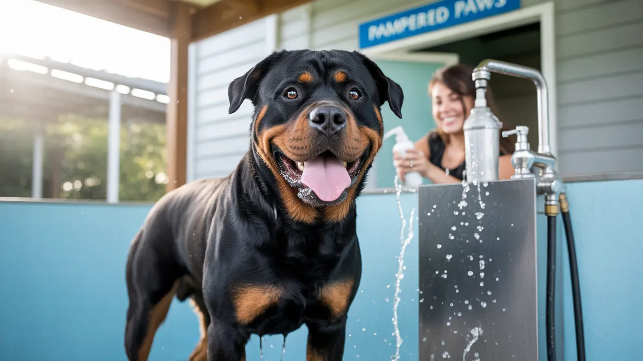 A happy Rottweiler standing in a dog grooming facility, wet and with a playful expression
