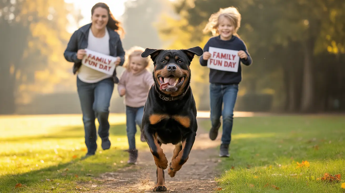A happy Rottweiler running with a family holding 'Family Fun Day' signs in an autumn park.