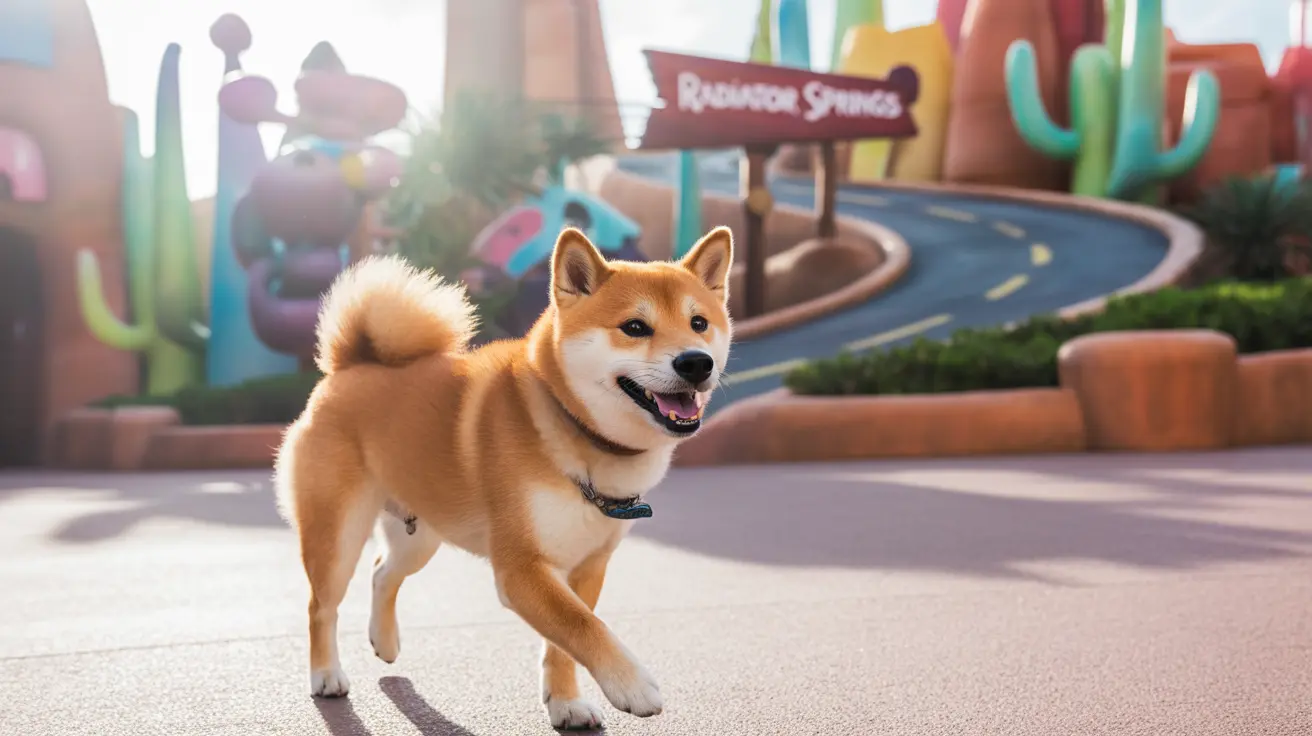 A happy Shiba Inu walking on a winding road in a colorful cartoon landscape