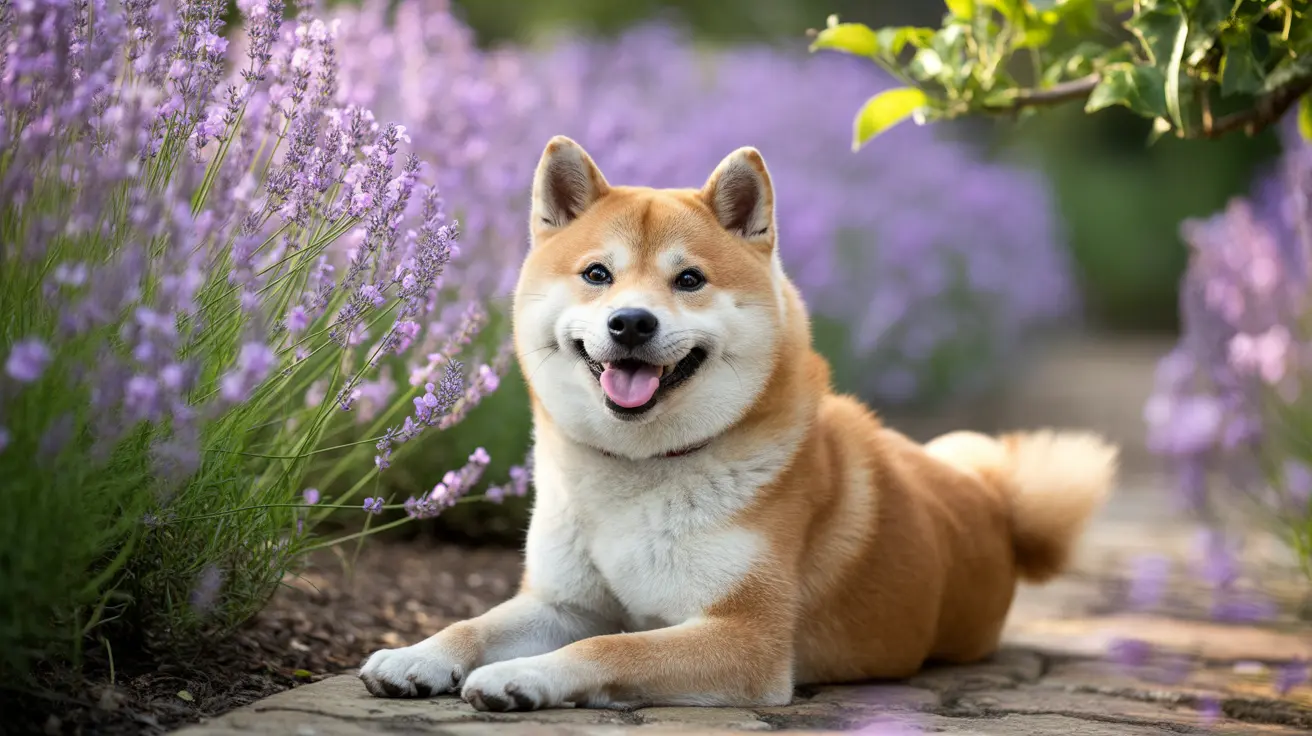 ラベンダーガーデンでリラックスして満足そうに座っている幸せな柴犬。