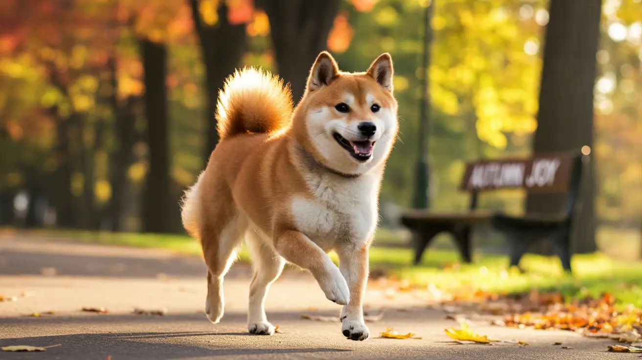 A happy Shiba Inu running playfully on an autumn park path with fallen leaves