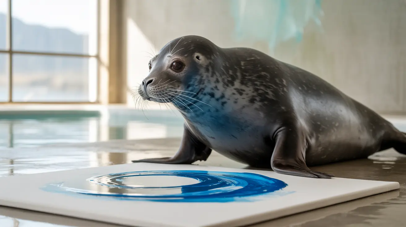 Harbor seal creating colorful artwork with flippers during enrichment session at Virginia Aquarium