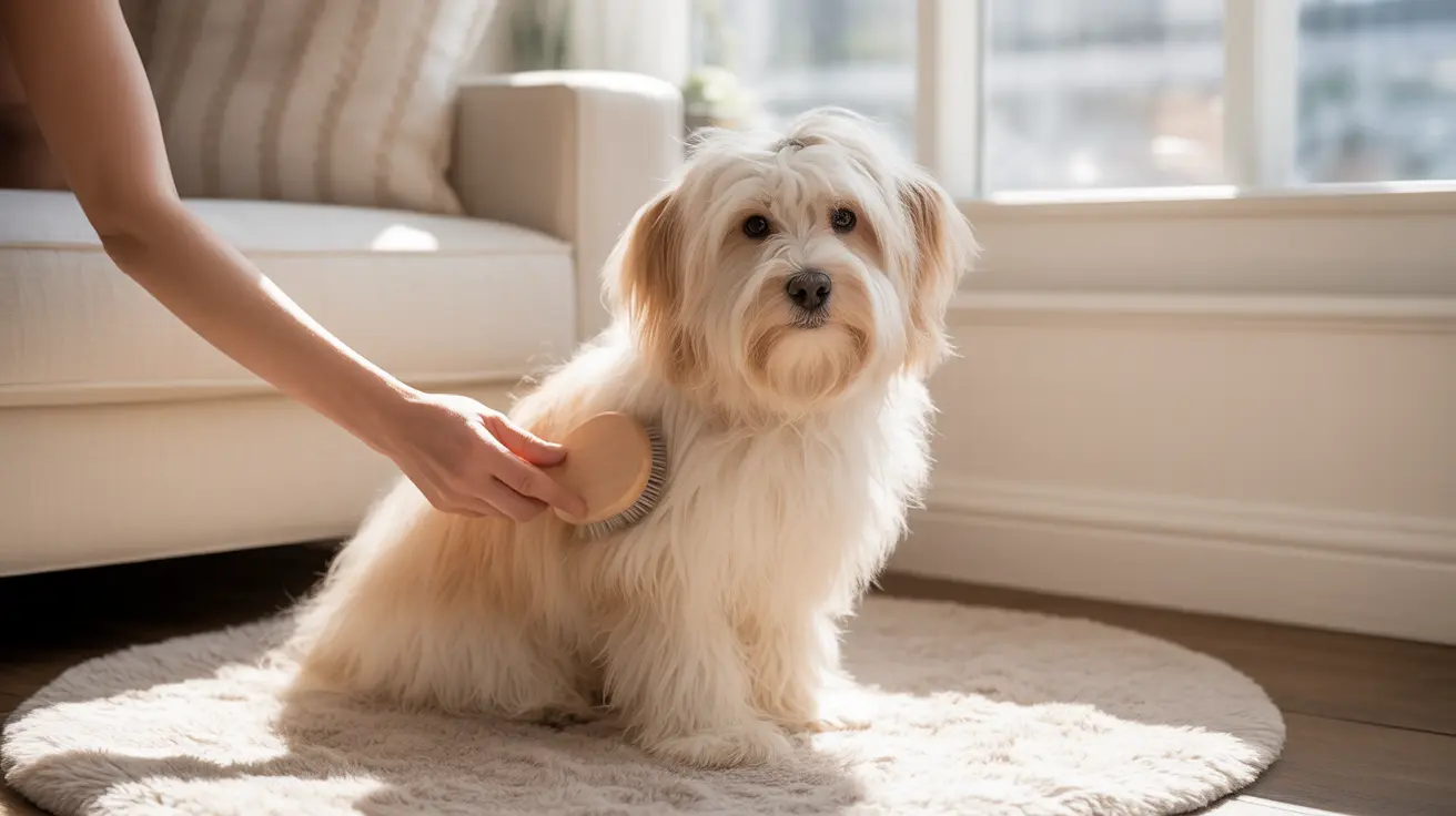 A fluffy white Havanese dog being brushed with a grooming brush