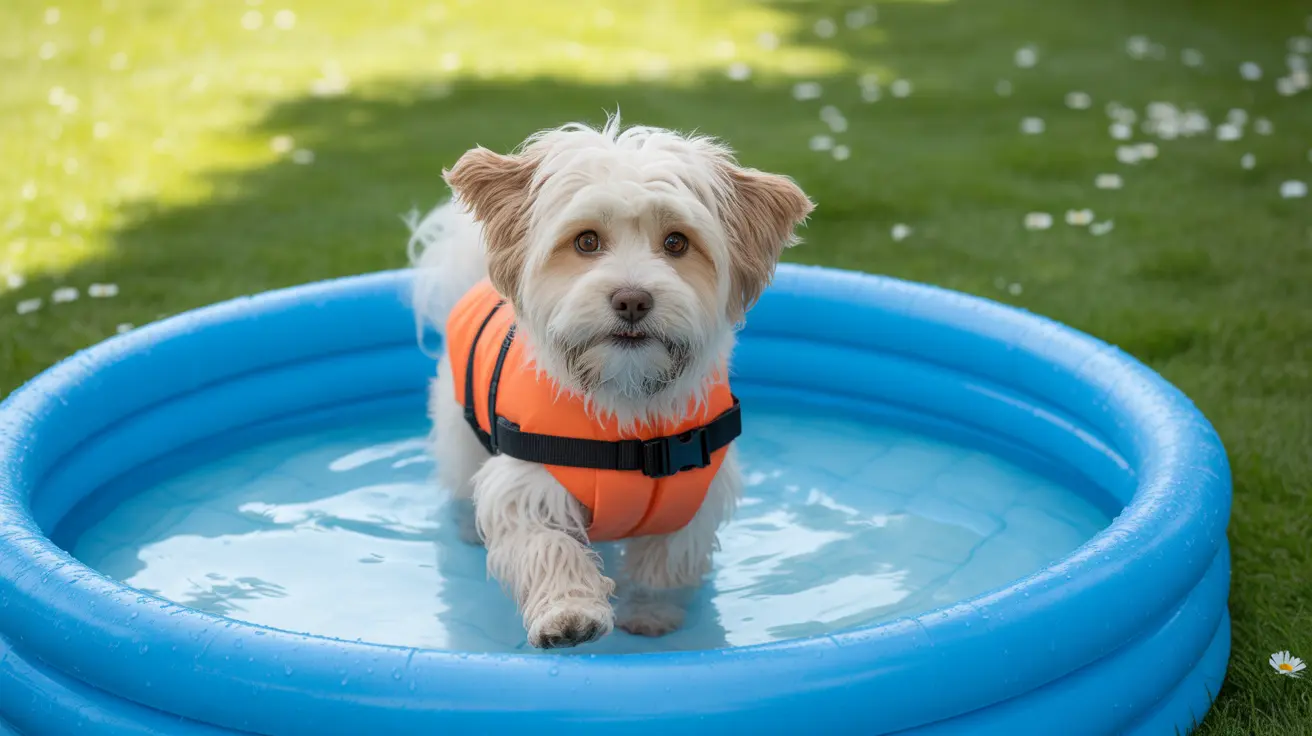 Small white and tan dog wearing an orange life vest in a blue inflatable pool on grassy lawn with daisies.