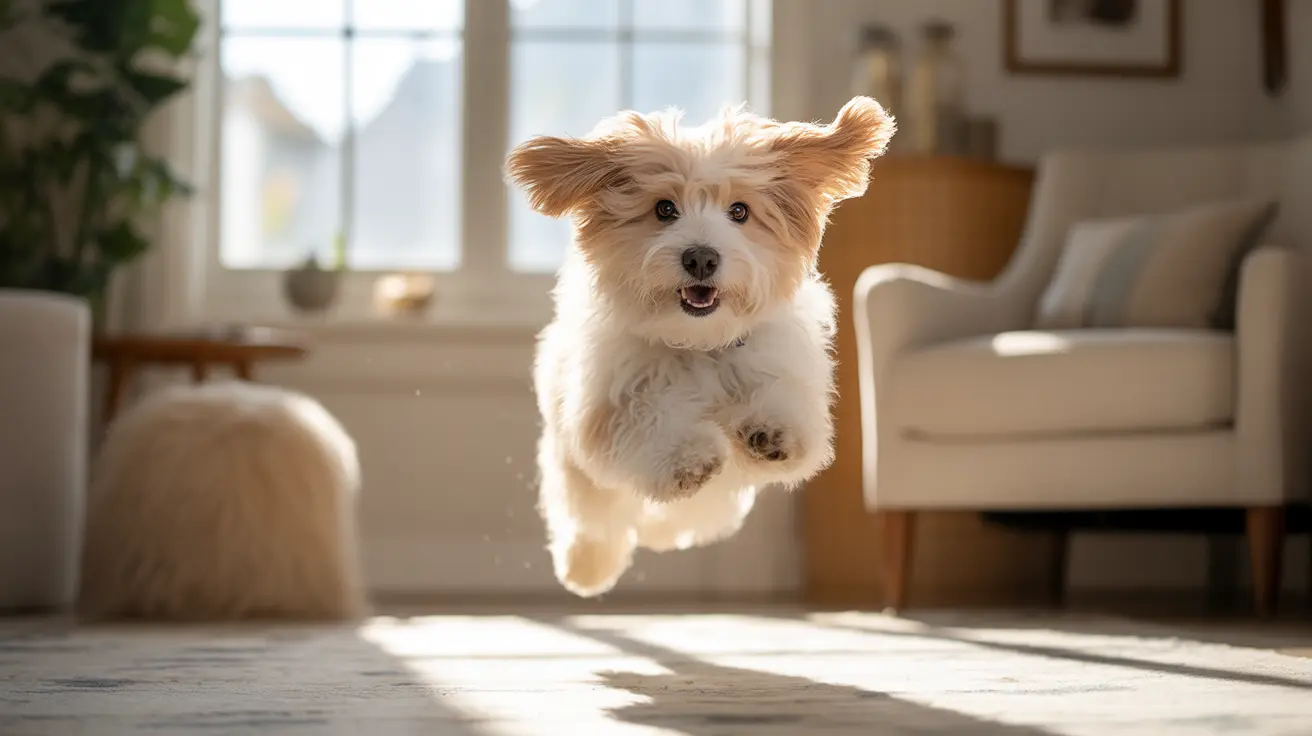 ふわふわの白とタン色のハバニーズの子犬が、明るく日差しの差し込むリビングルームでジャンプしている様子