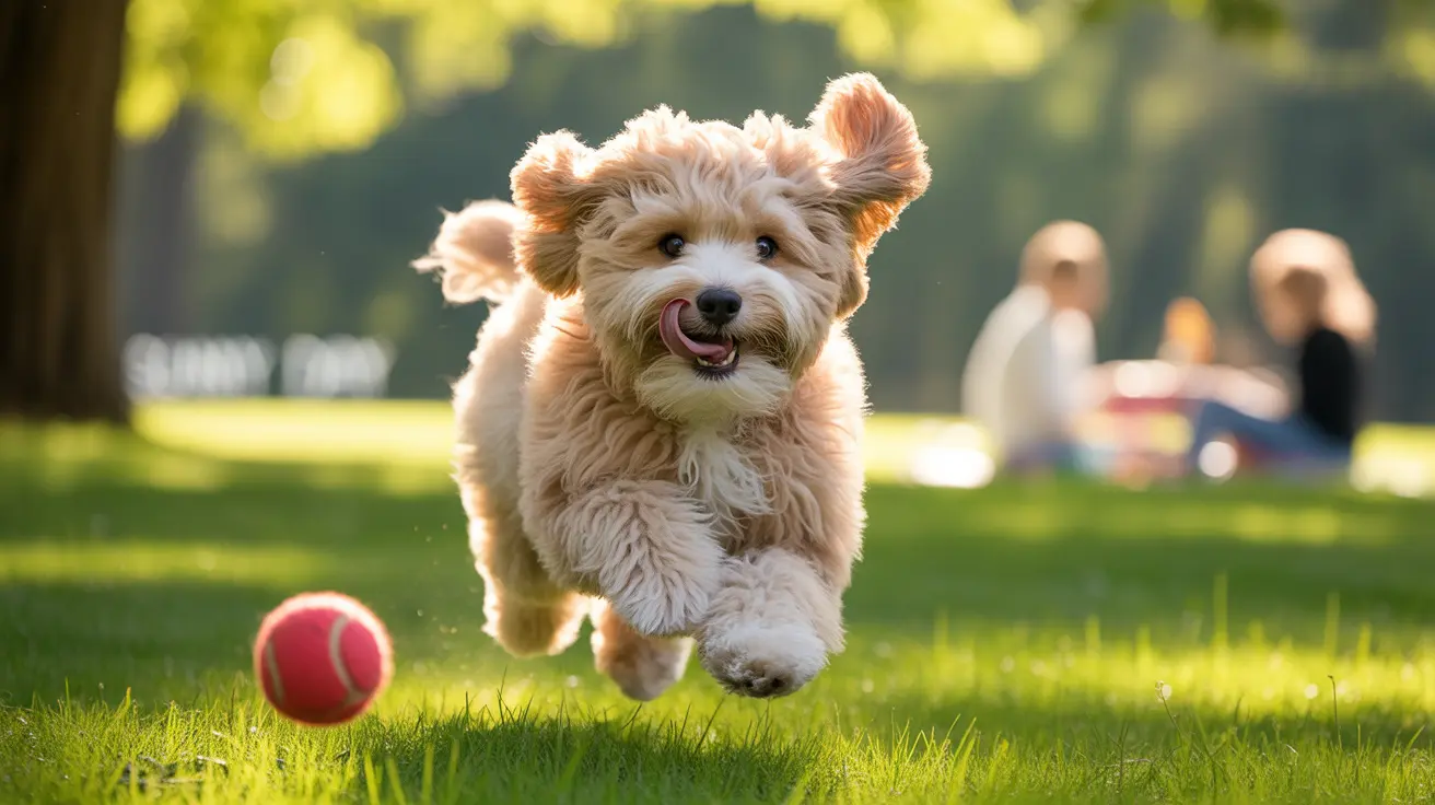 A fluffy Havanese puppy running joyfully after a red ball in a sunny park