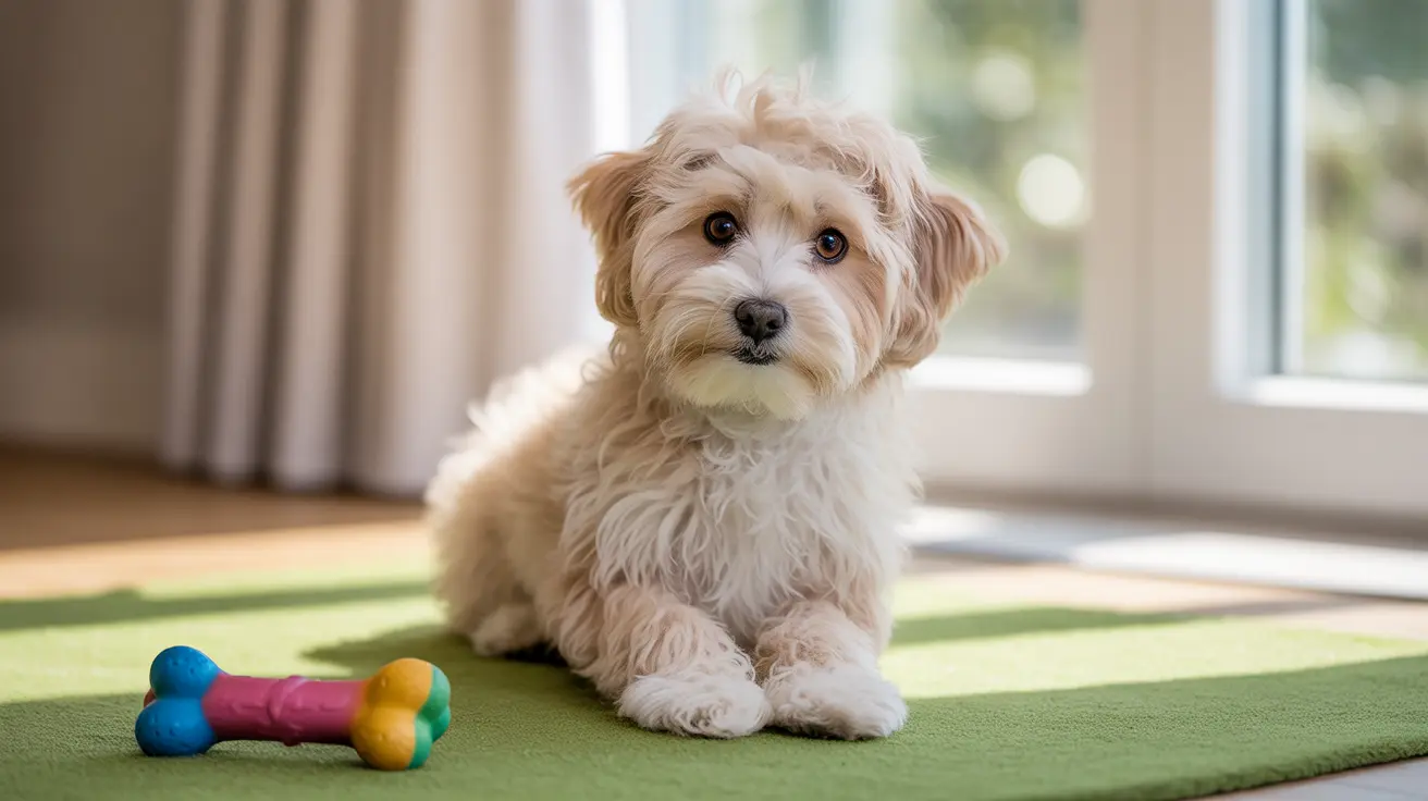 A fluffy white and cream-colored Havanese puppy on a green rug with a colorful bone-shaped toy