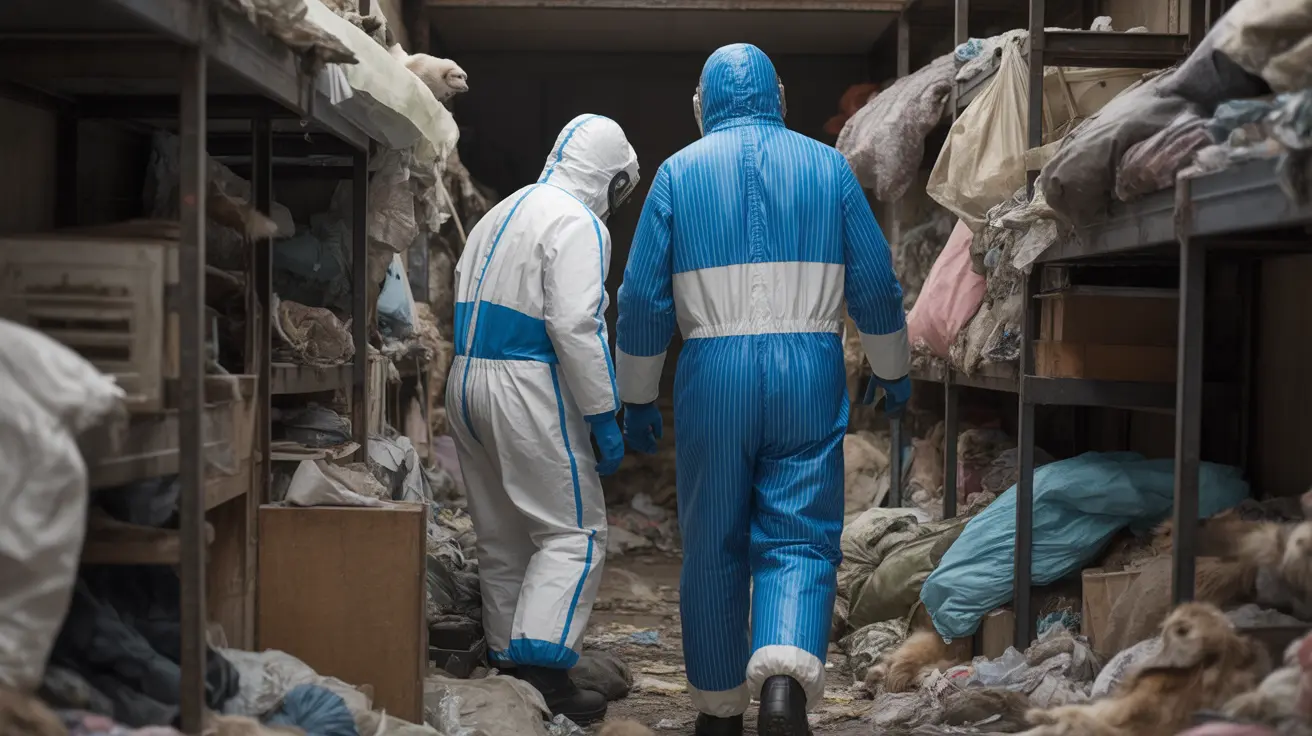 Rescue workers navigating through cluttered, trash-filled apartment to save abandoned pets