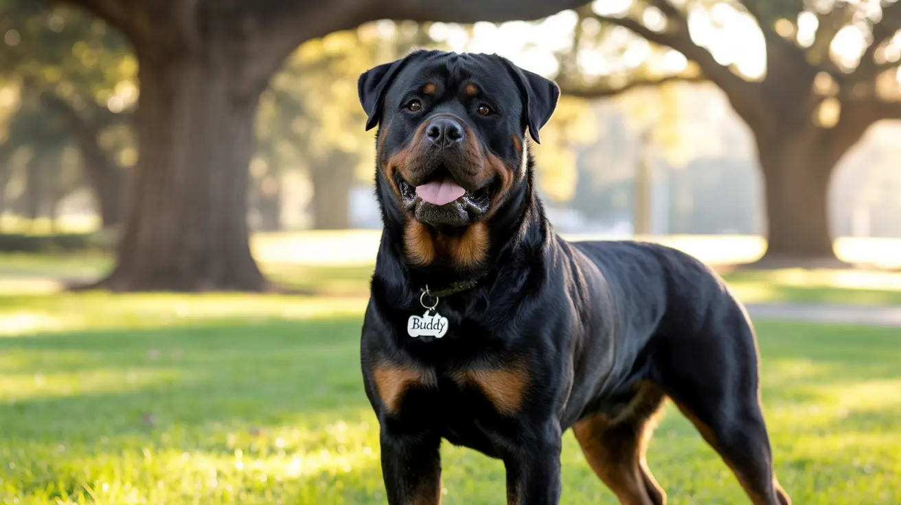 A strong, healthy Rottweiler standing confidently in a sunlit park with trees in the background