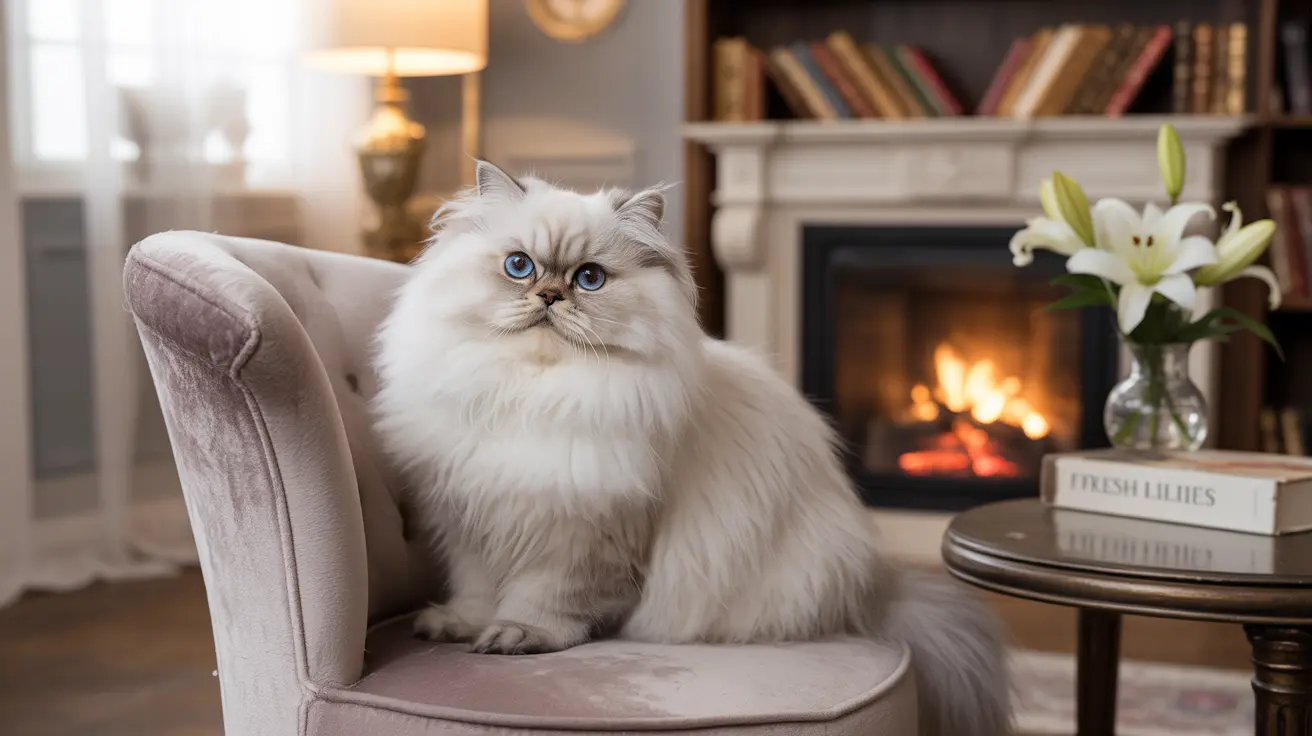 A fluffy white Himalayan cat with striking blue eyes sitting on a velvet chair near a fireplace