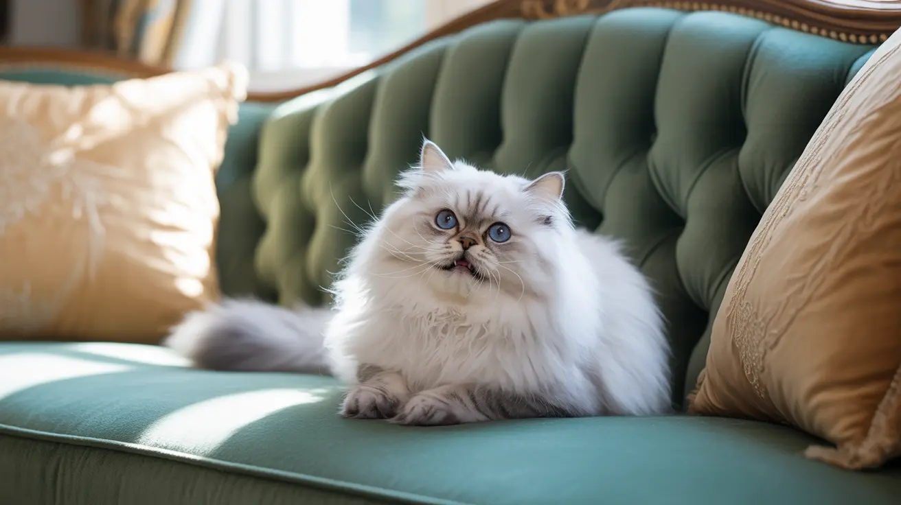 Un gato himalaio blanco y esponjoso sentado de manera regia en un sofá de terciopelo verde azulado