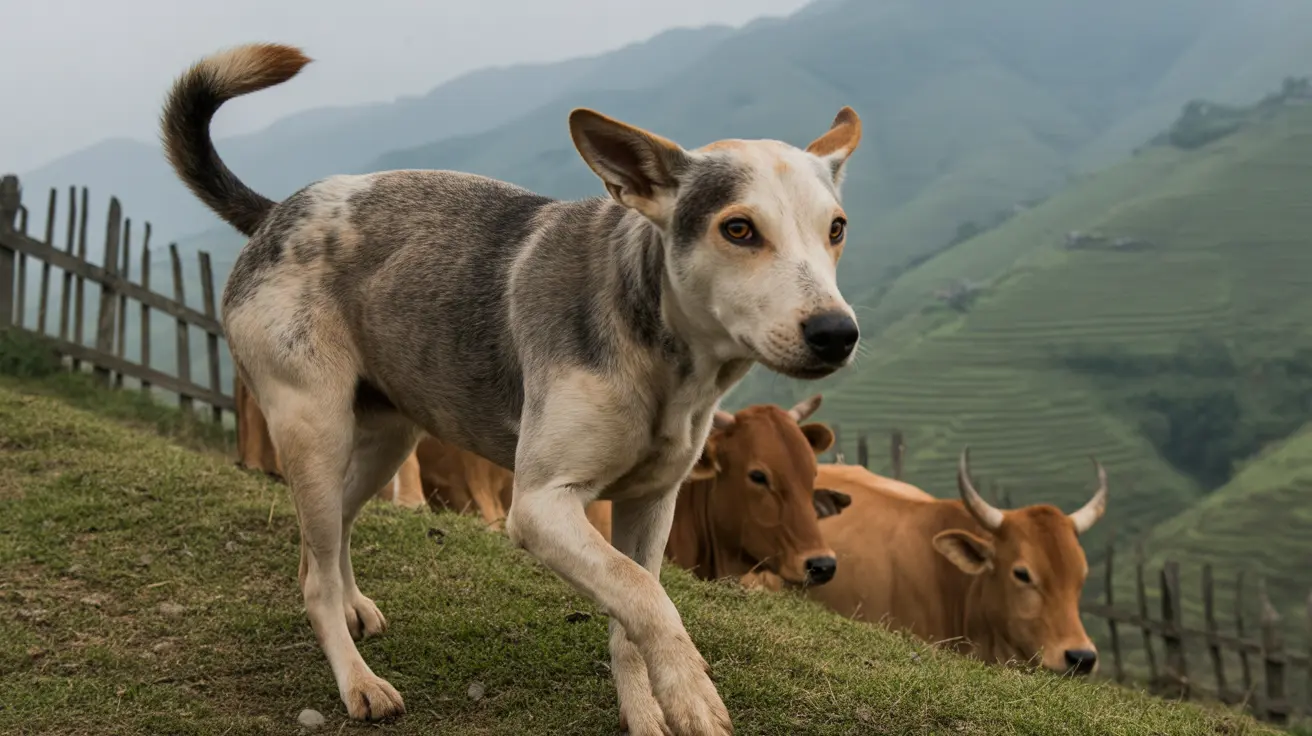 Un perro blanco y gris de pie, alerta en una ladera cubierta de hierba, con dos vacas marrones al fondo.