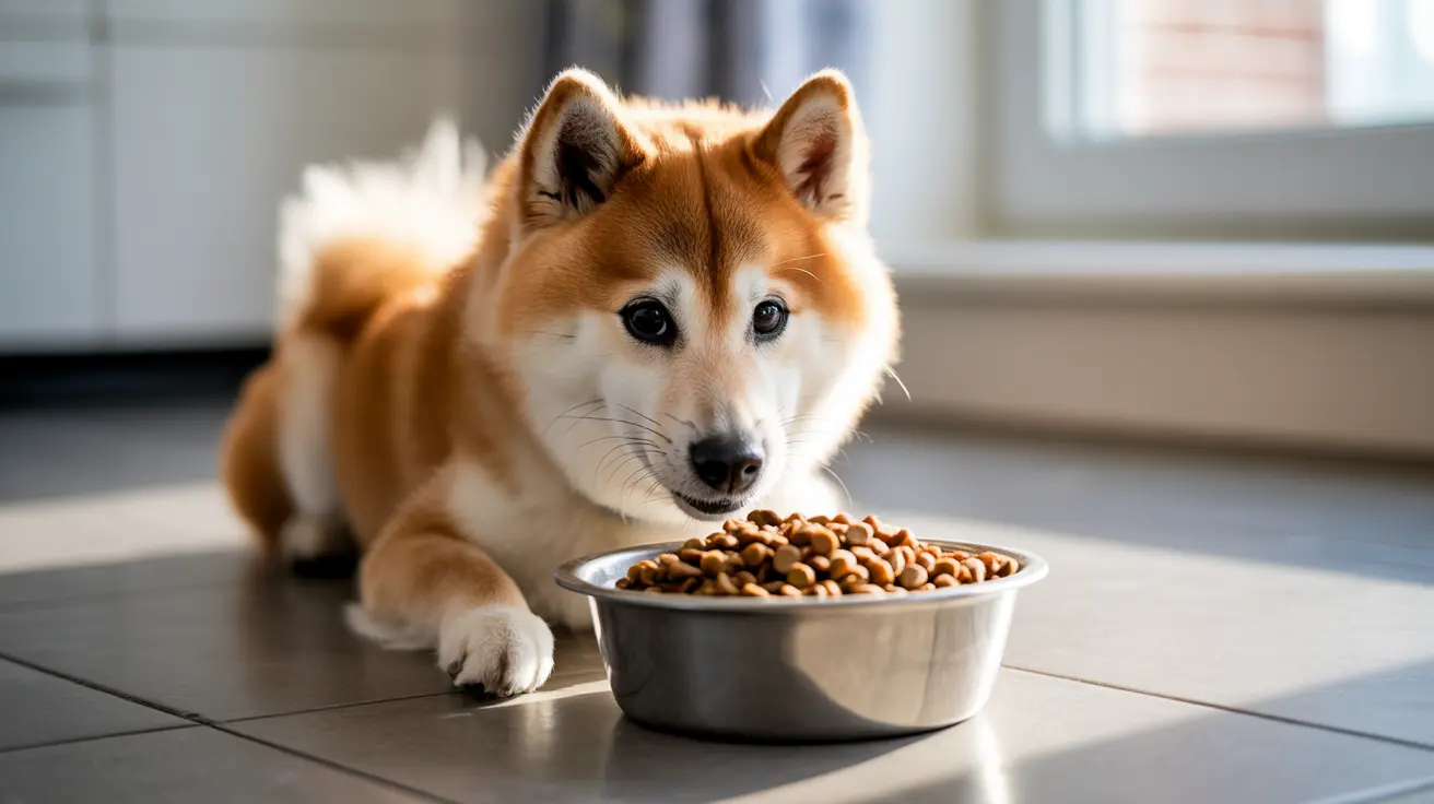 A tan and white Husky sitting attentively next to a full bowl of dog food
