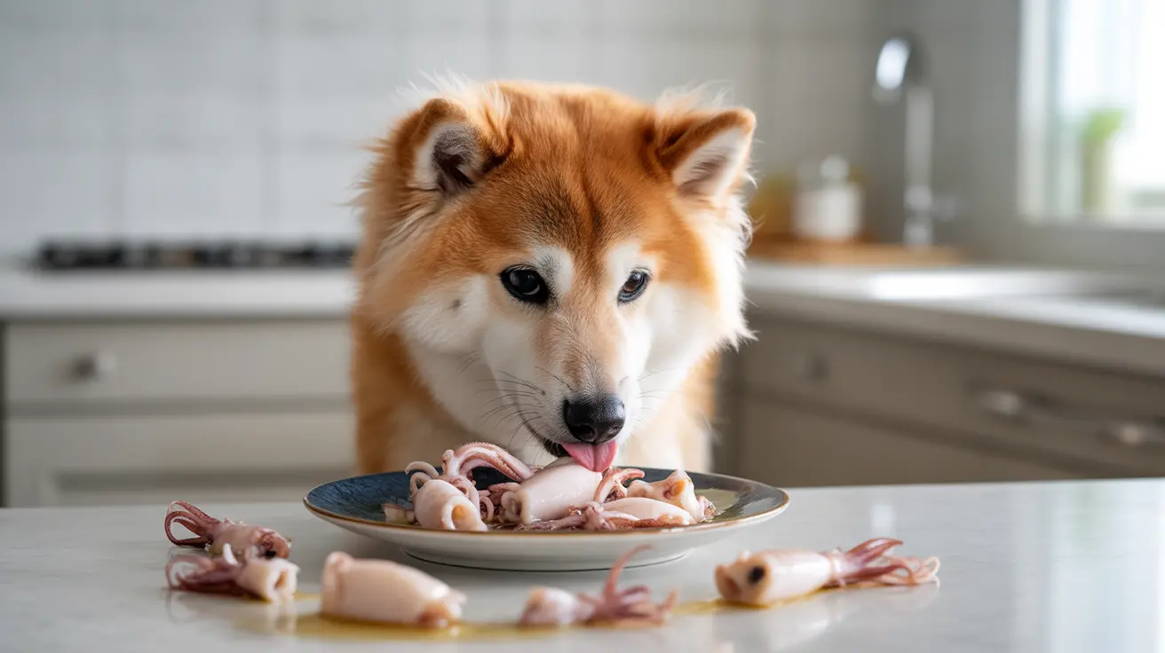 A Husky eagerly eating fresh squid from a plate in a modern kitchen