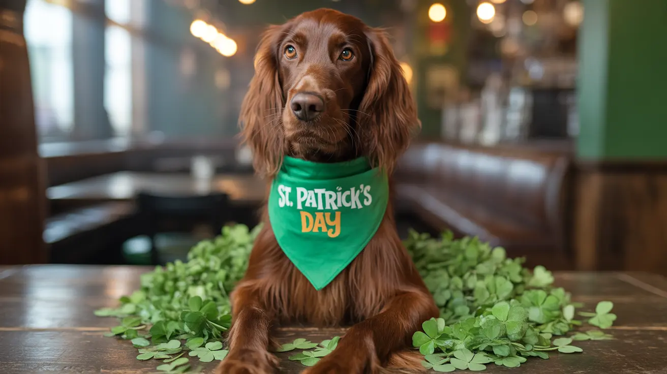 An Irish Setter wearing a green St. Patrick's Day bandana sits among shamrocks in a cozy indoor setting