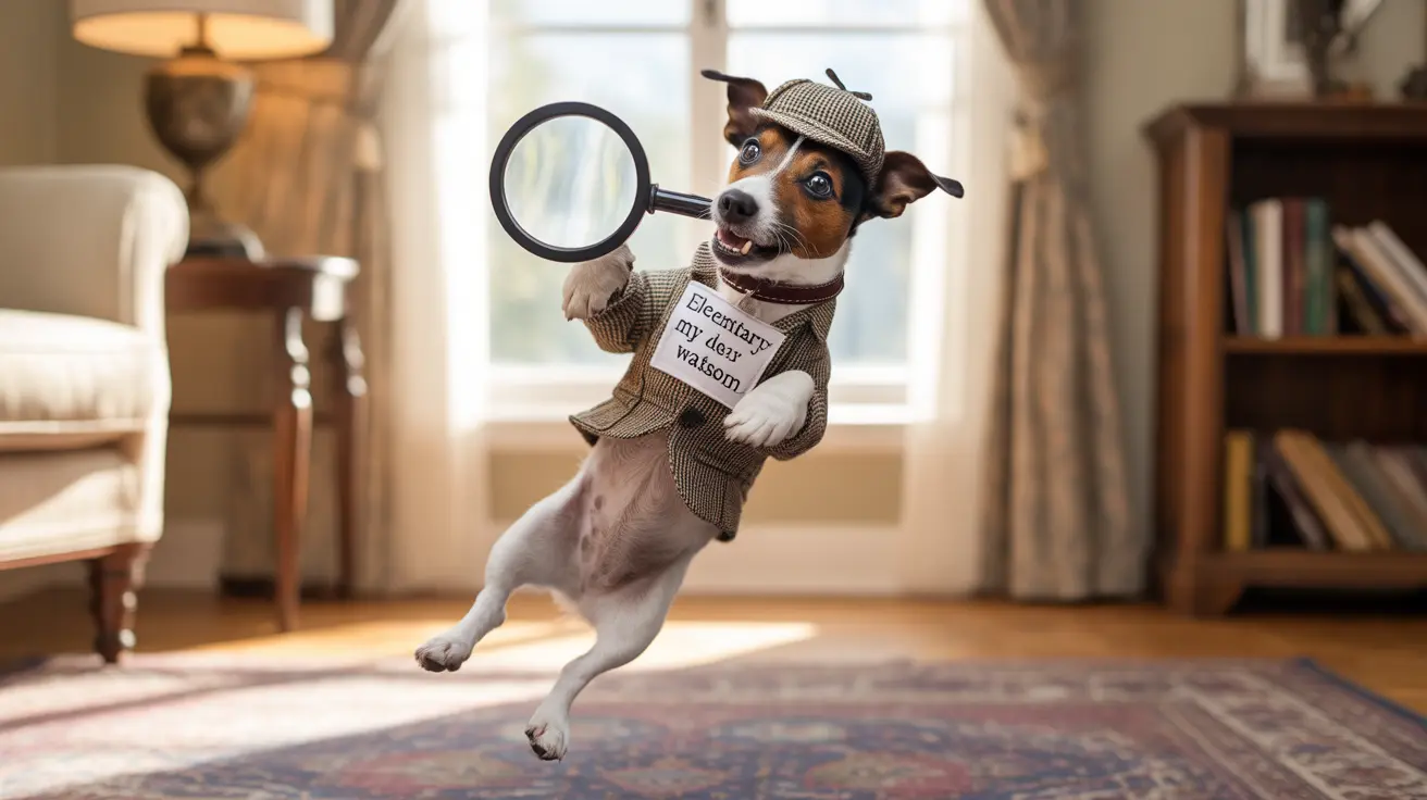 Un Jack Russell Terrier juguetón vestido de detective, sosteniendo una lupa y posando de manera dramática en una sala de estar interior.