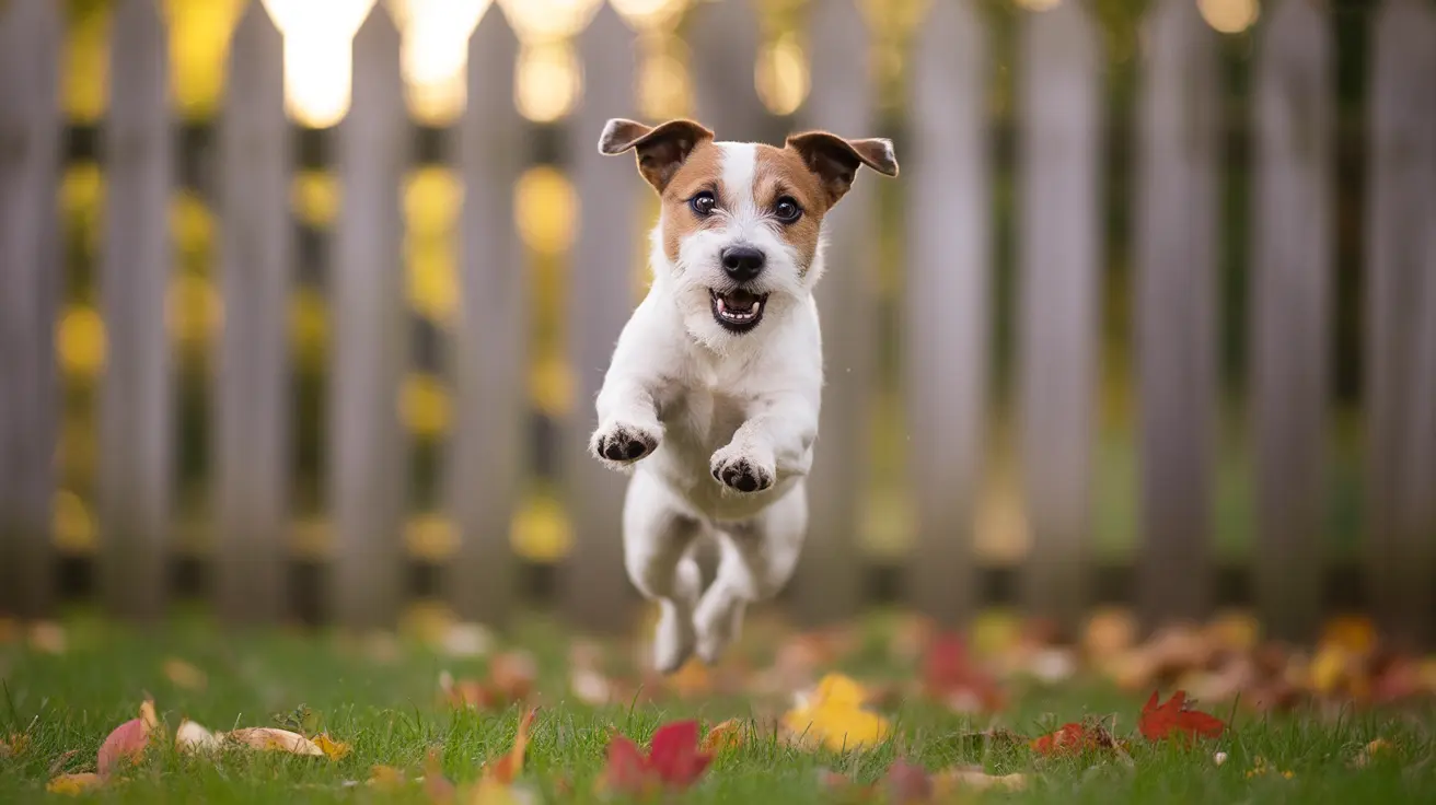 Un Jack Russell Terrier saltando alegremente en un patio trasero, con expresión entusiasta y energía juguetona.