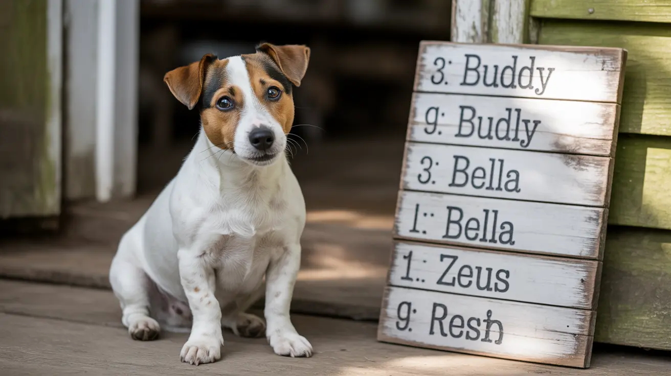 A Jack Russell Terrier puppy sitting next to a wooden sign with dog names
