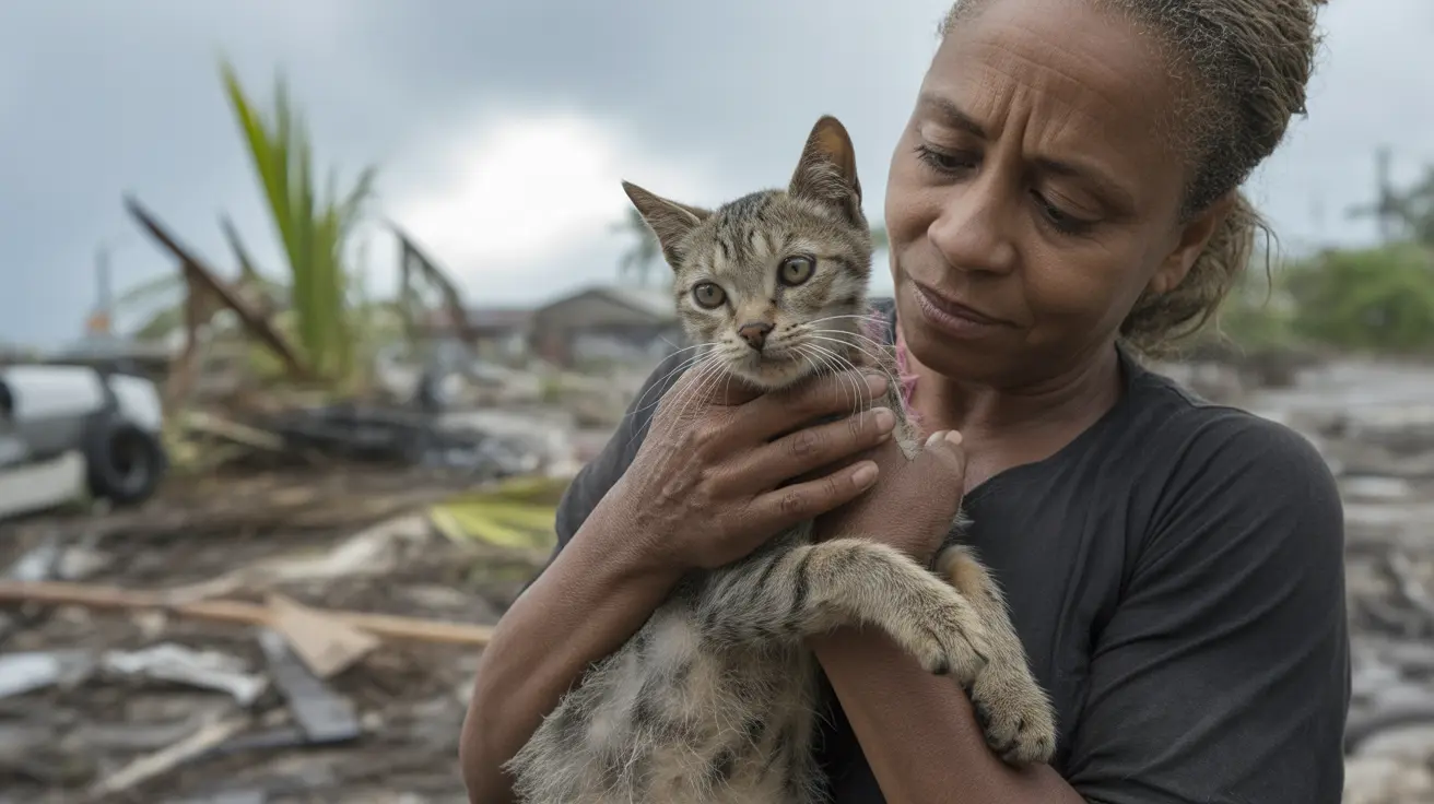 災害で被害を受けた場所で、女性が優しく若い縞模様の子猫を胸に抱きかかえている様子