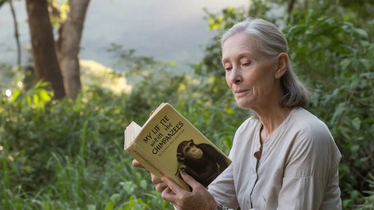 Portrait of Dr. Jane Goodall with chimpanzees in a natural setting
