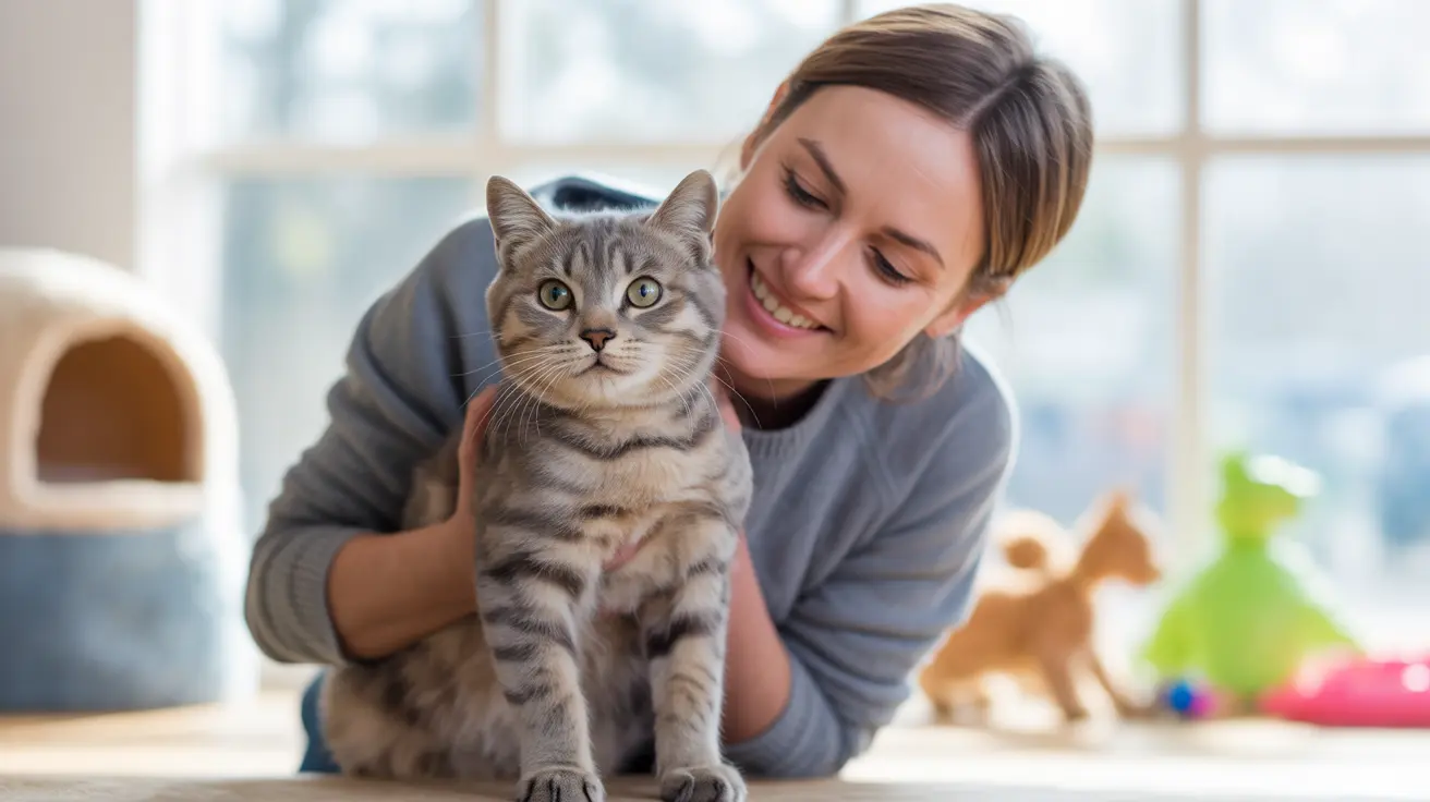 Una mujer con un suéter gris sonriendo mientras sostiene un gato atigrado gris en una sala de estar moderna y luminosa.