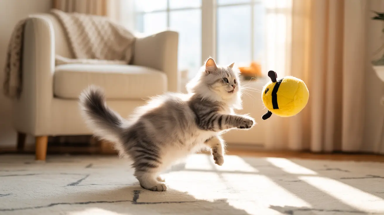 A fluffy gray and white kitten playfully batting at a yellow bee-shaped toy in a sunlit living room