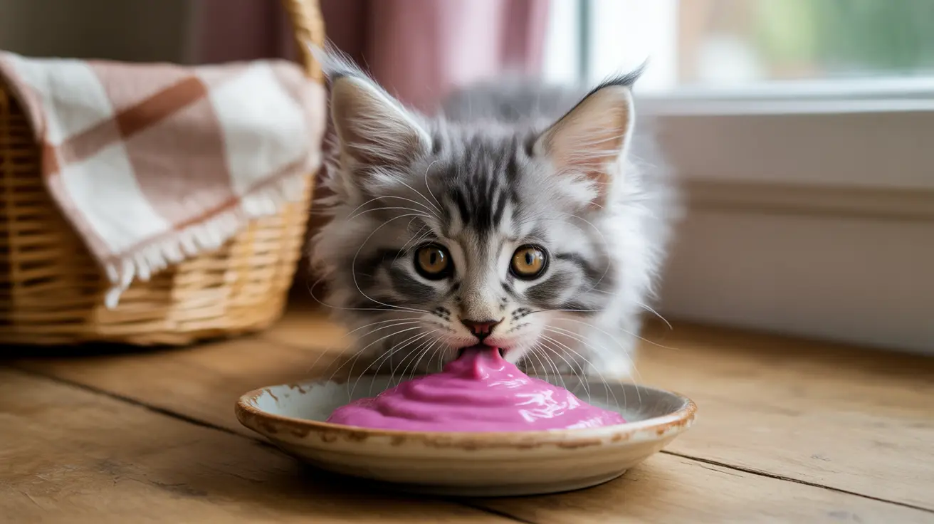 ふわふわの灰色と白の子猫が、セラミックの皿から明るいピンク色のものを舐めている様子