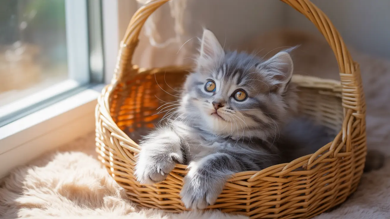 A fluffy gray and white kitten sitting comfortably in a woven wicker basket near a window