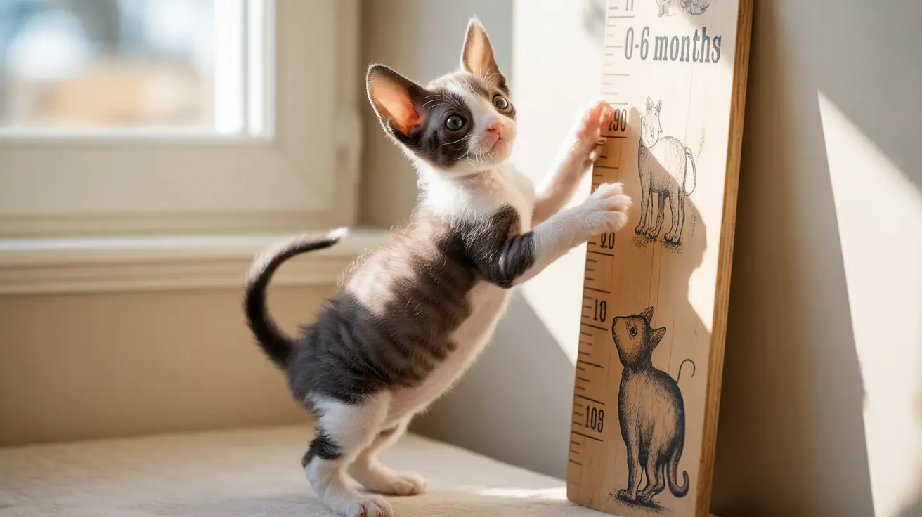 Playful Cornish Rex kitten standing on hind legs next to wooden height measurement chart for cats