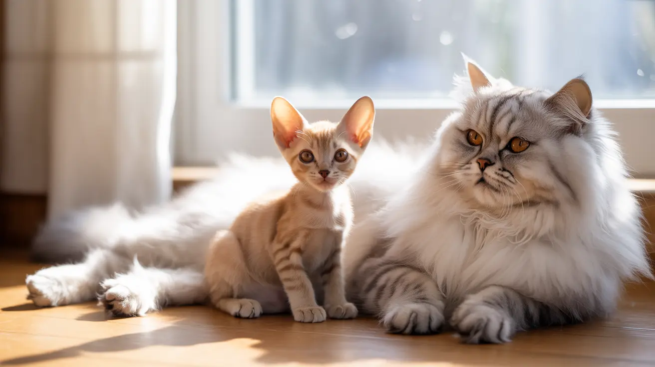 A young light-colored kitten sitting next to a large, fluffy white Persian cat near a bright window