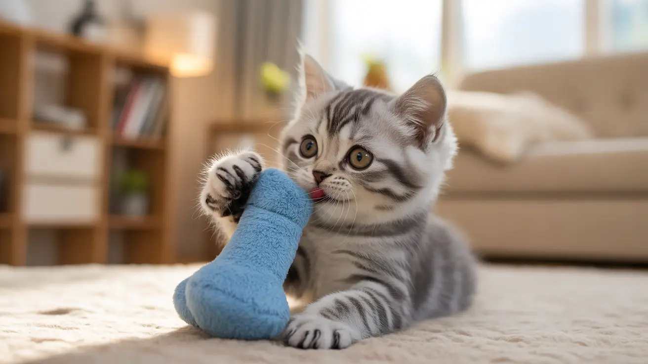 A silver tabby kitten playing with a blue soft toy on a carpeted floor