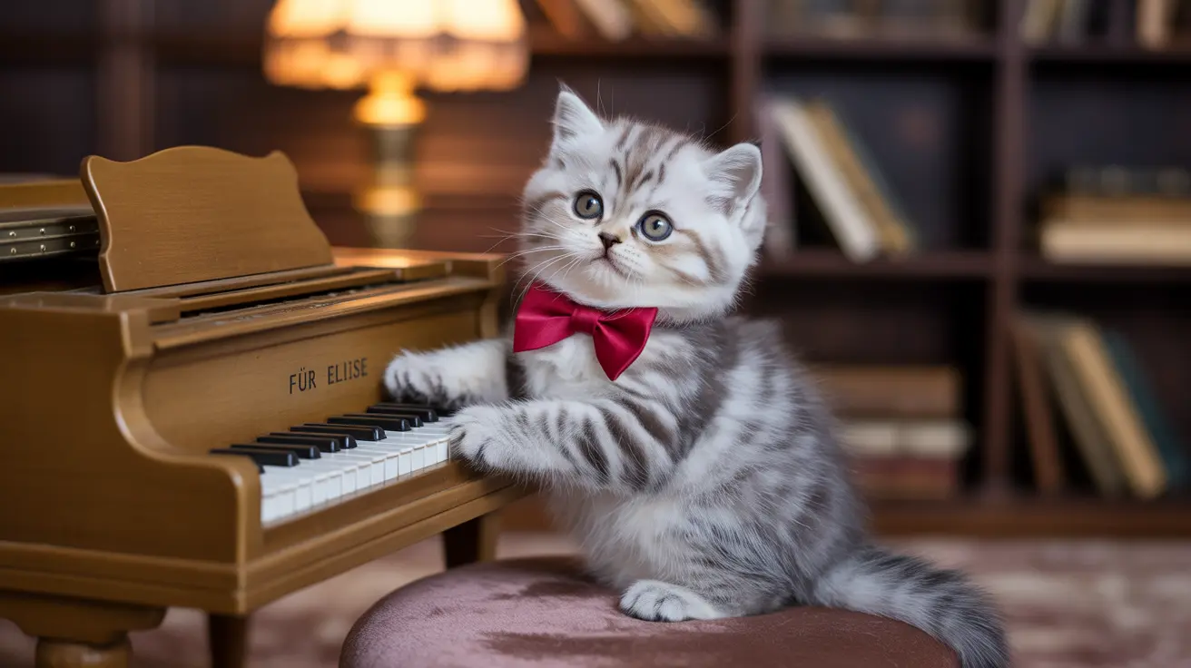 Cute kitten wearing a bright red bow tie sitting next to a miniature piano with 'Für Elise' written on it