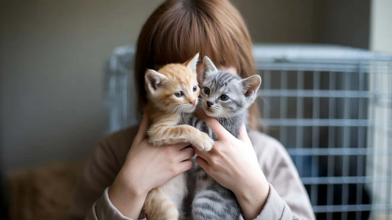 Una persona con cabello castaño sosteniendo dos adorables gatitos, uno naranja y uno atigrado gris, cerca de su cara.