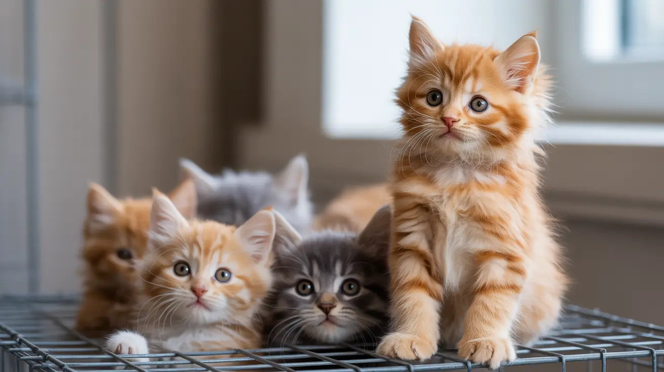 屋内のワイヤーの上に一緒に座っているかわいい子猫のグループ