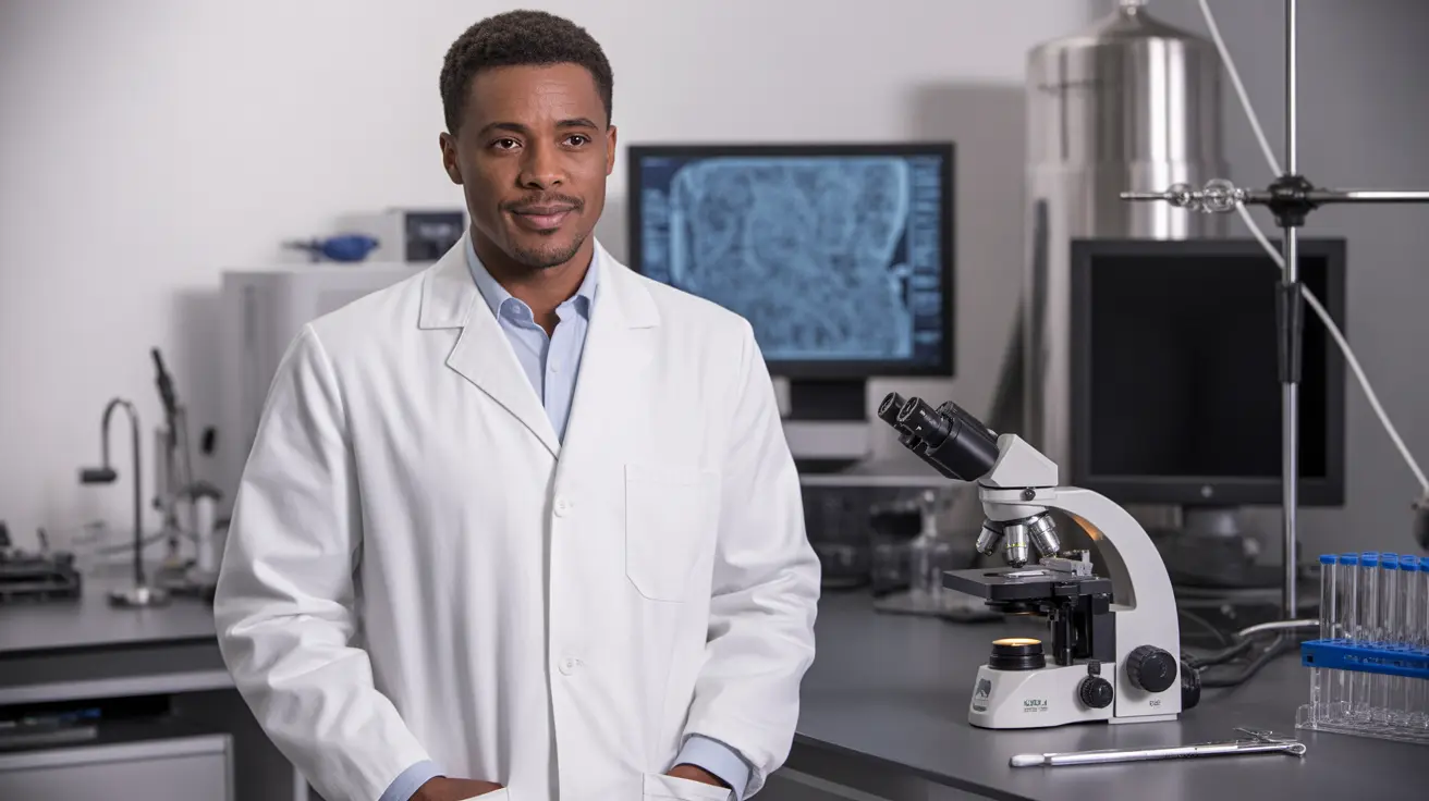 白衣を着た専門職の男性が近代的な実験室の環境に立っている