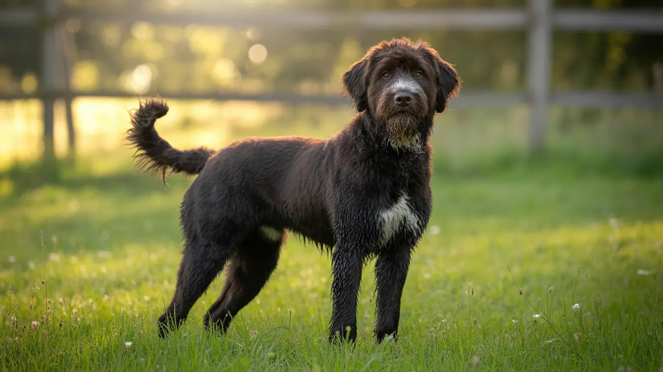 A black and white Labradoodle in a grassy field with golden light
