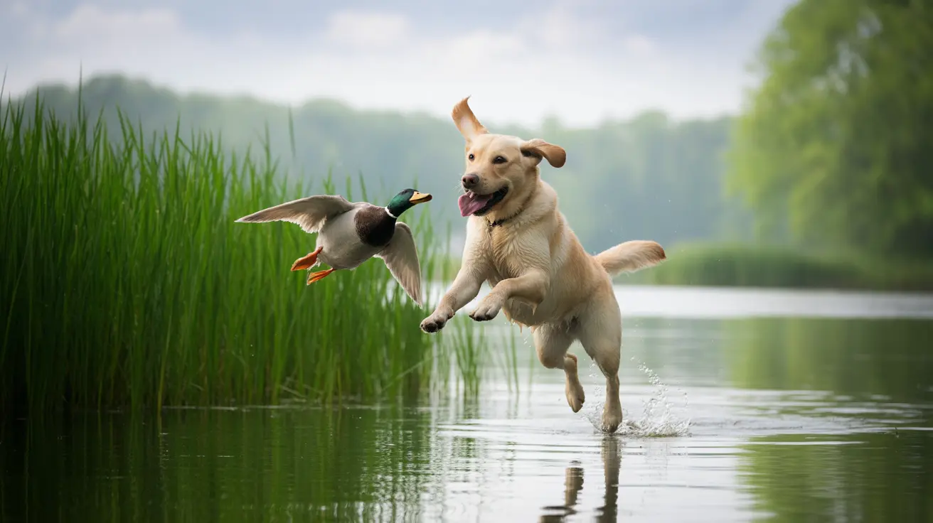 Yellow Labrador Retriever leaping through water chasing a flying mallard duck