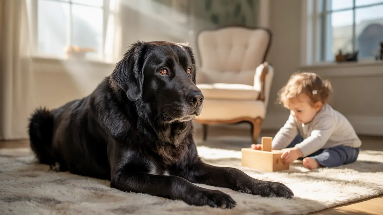A black Labrador Retriever sitting calmly on a rug next to a child playing with blocks