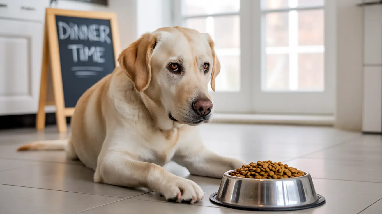 Golden Labrador Retriever sitting calmly next to a full dog food bowl with a 'Dinner Time' chalkboard sign