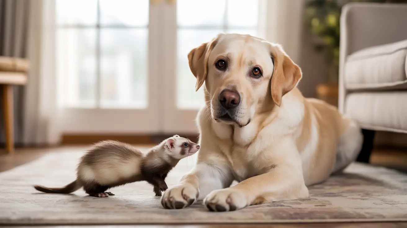A calm Labrador Retriever sitting peacefully next to a small ferret on an indoor carpet near a window
