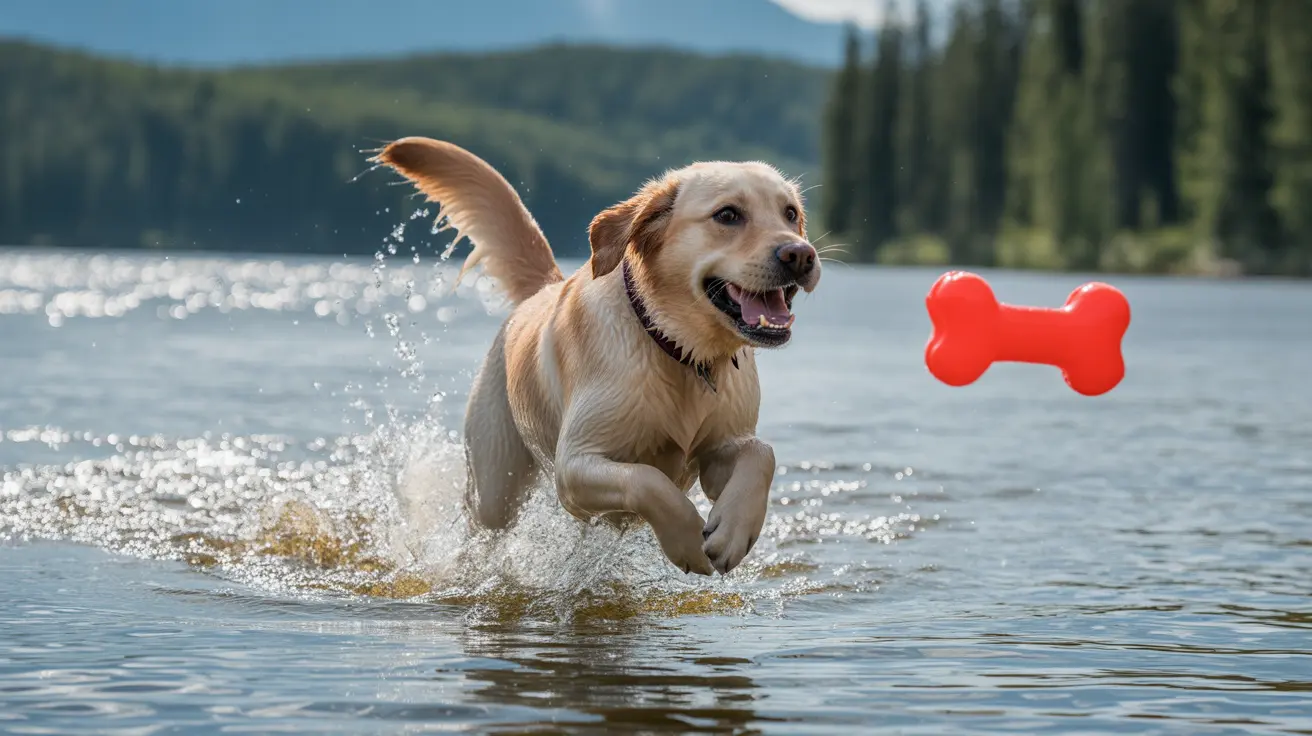 A happy Labrador Retriever leaping through water while chasing a red bone-shaped toy