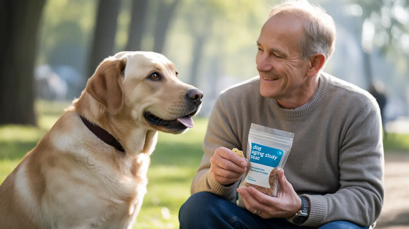A friendly Labrador Retriever sits with an older man in a tree-lined park setting