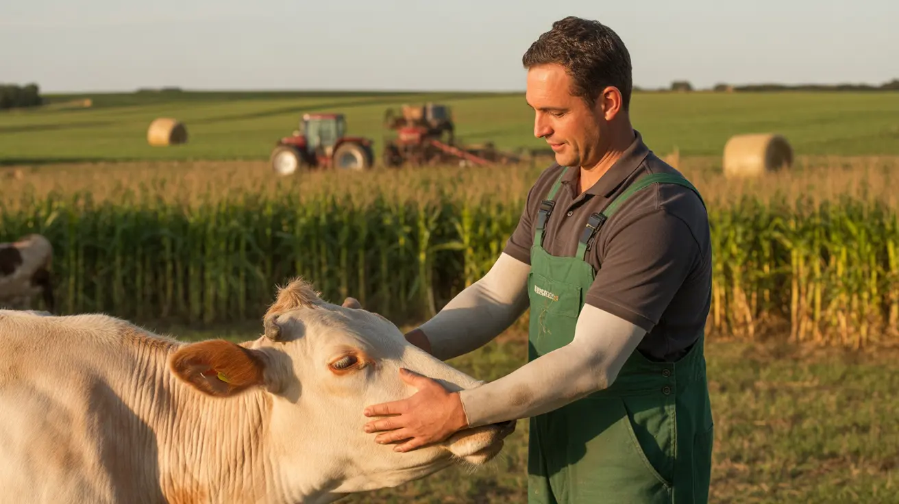 Large animal veterinarian attending to a farm animal in a rural Midwest setting
