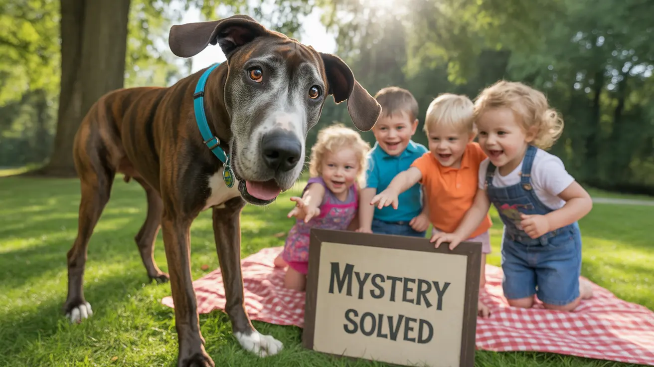 A large dog with young children posing on a picnic blanket with a 'Mystery Solved' sign