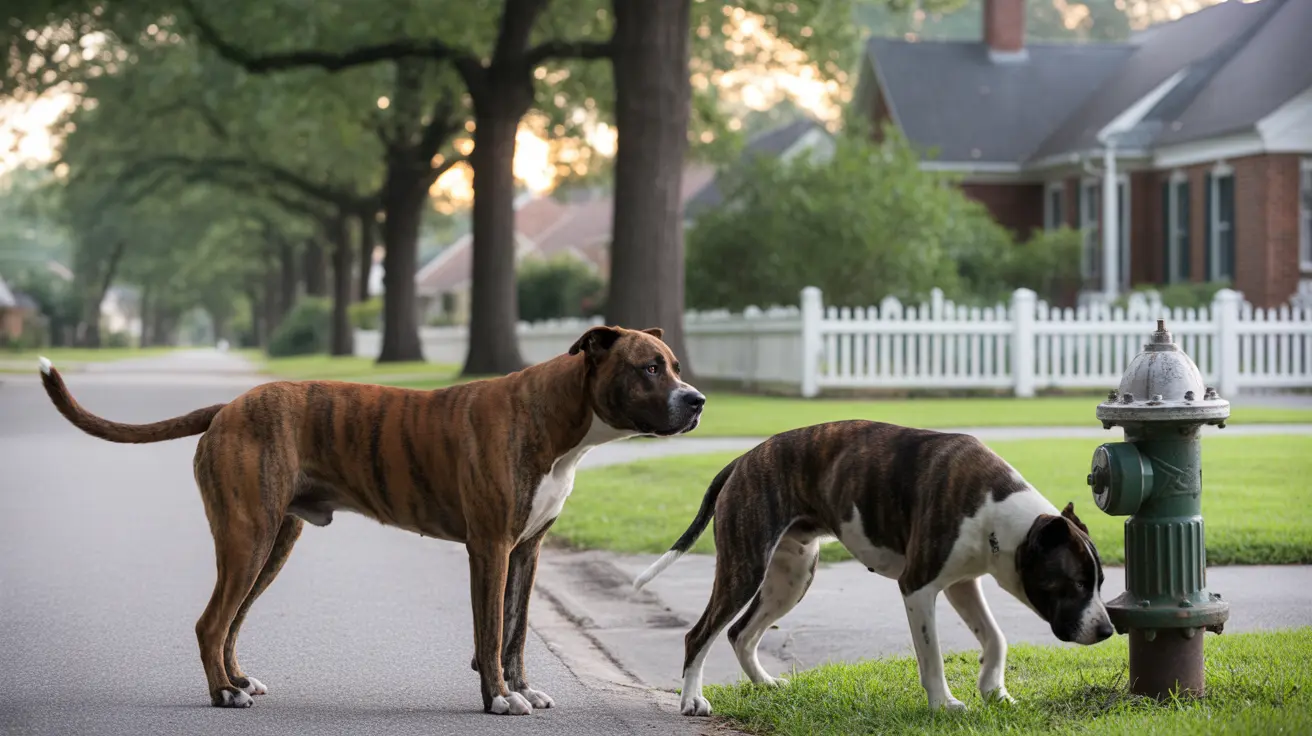 Two brindle-colored dogs standing on a suburban street near a fire hydrant