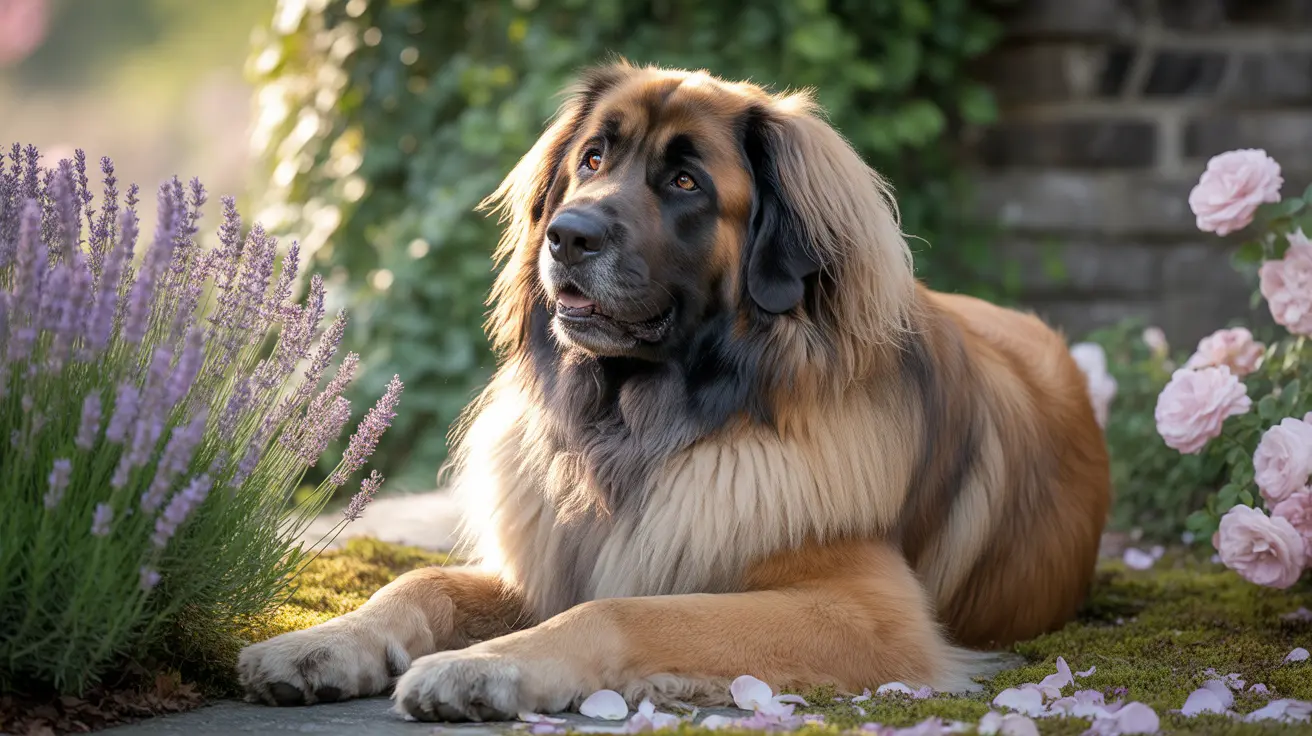 A majestic Leonberger dog resting in a garden with lavender and pink roses